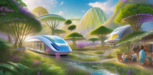 Futuristic green solarpunk city with lots of trees