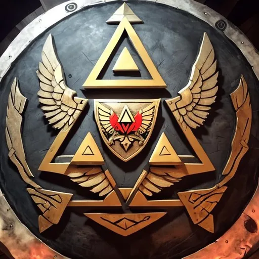 Prompt: triforce on a huge shield that also has a red bird protecting the triforce.