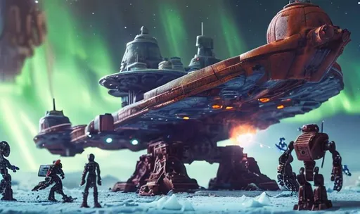 Prompt: huge old rusty spaceship getting repaired  by robots ice planet sparks fire welding people working aurora many colours   guard drinking milk enhance detail turret on spaceship