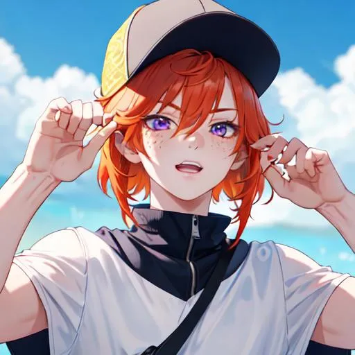 Prompt: Erikku male (short ginger hair, freckles, right eye blue left eye purple) muscular, UHD, 8K, Highly detailed, insane detail, best quality, high quality. hands in the air, wearing a sideways baseball cap