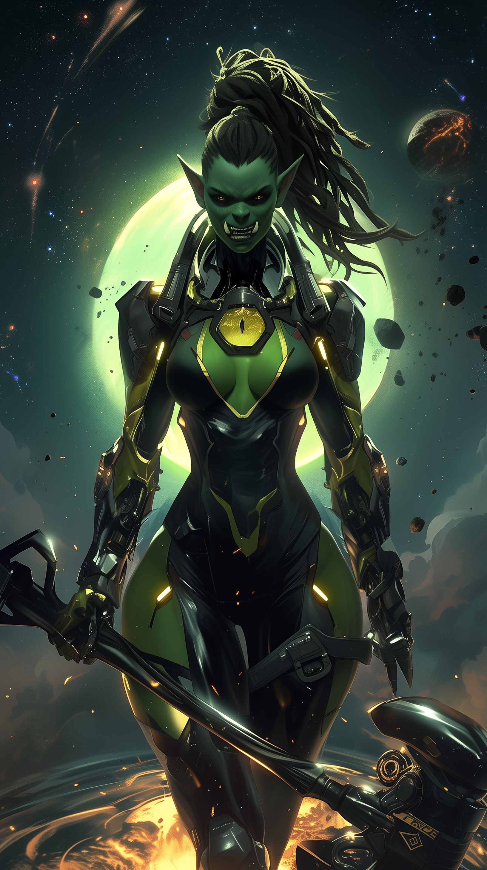 Prompt: Portrait of an orc, light green skin, fitted sci-fi space futuristic orcish armor, huge stylised war hammer, war hammer planted in the cracked glassy ground next to her, curves, brown long messy ponytail hair, buzzcut, gold eyes, female, muscular, facing camera, deep space, dungeons and dragons character, aggressive smile, reflection, fantasy concept art, critical role, legend of vox machina, low cut, keyhole, reflection, ultra-detailed, high definition, nebula, reflective ground, annihilated destroyed planet centered behind