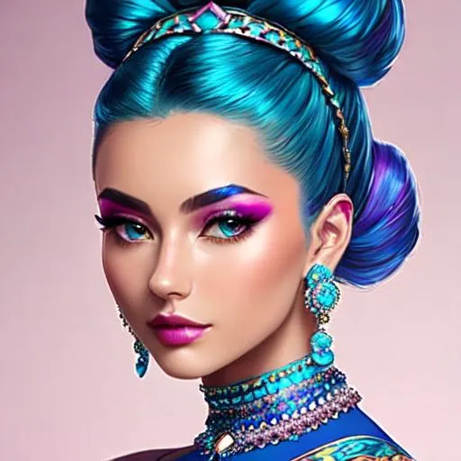 Prompt: An extremely gorgeous woman,  with top knots full of cyan jewels, in color scheme of cyan and magenta