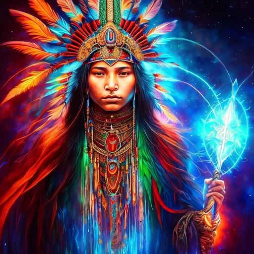 Prompt: ((portrait in WLOP stylus)) Native American woman, 20 years old, female shaman. A healing ritual. Night fantasy picture illuminated with blue, red and green colors. A brilliant bejeweled headdress, a scepter symbolizing healing power. Painted and tattooed beautiful face, hard, determined features. Colorful bird feathers were woven into her hair. Elaborately decorated dress. A reassuring gesture. The light comes from behind the shaman woman. Diffuse, soft light.