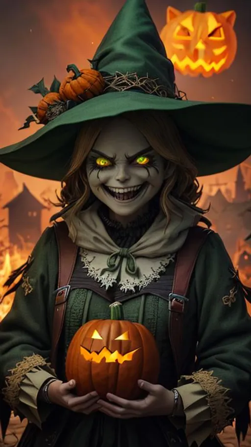 Prompt: A scarecrow with a green pointed hat, eyes as bright as fire, torn brown sacks as clothing, and a demonic grin with pointed teeth and a pumpkin lantern,extremly epic and stunning,insanely detailed,cinematic lighting,intricate filigree design,4k,8k,unreal engine,octane render