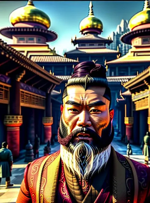 Prompt: A captivating image emerges - a bearded Asian man donning a unique fusion of Eastern and Western attire. His long necktie adds a touch of formality, while his overcoat robe makes his outfit look like a business suit. He radiates strength, resembling a terra cotta warrior. The scene is set amidst the backdrop of domed buildings, evoking a realistic and picturesque landscape. The photograph captures the essence of this intriguing blend, inviting viewers to delve deeper into the fusion of cultures.