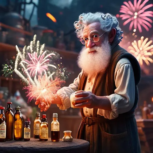 Prompt: elderly male gnomish alchemist, grey bouffant curly hair, holding bottles and fireworks, by Wayne Reynolds
