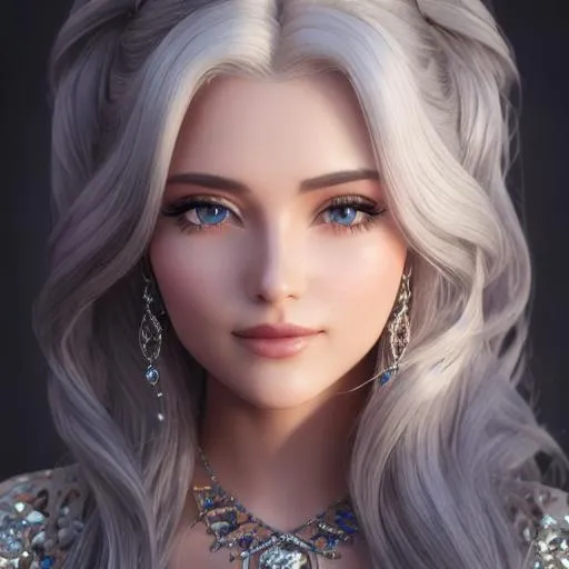 Prompt: Portrait of a Beautiful woman, kidmo face,sparkle face, cute face, beautiful and sparkle blue eyes, intricate silver hair, sparkling, glow, intricate, anime vibes, sun shadow effect, white skin, flat smile, perfect body, perfect eyes, uhd, super detailed, hd, 4k,8k, unreal engine 8k octane,  lighting studio, trending on artstation, oil painting, fractal, perfect composition, full colors, hyperrealistic, Digital art by greg rutkowski, unreal engine, smooth face, 