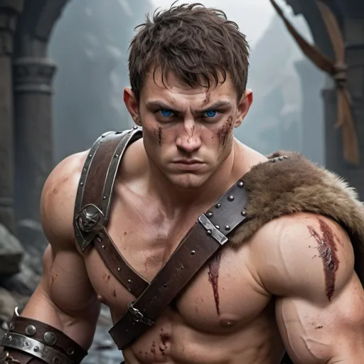 Prompt: A clean shaven young barbarian man with fair skin, very short messy brown hair, blue eyes and gaunt features. He is very muscular. He holds a notched greatsword. He is badly wounded and scarred but is still fighting with a look of absolute fury on his face. His animal hide armor is damaged by claw cuts.