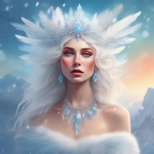 Prompt: Colourful and beautiful ice queen Persephone with snow feathers for hair, wearing a dress made of snow feathers, wearing crystal jewelry framed by the sun and clouds, in a dreamy painted style