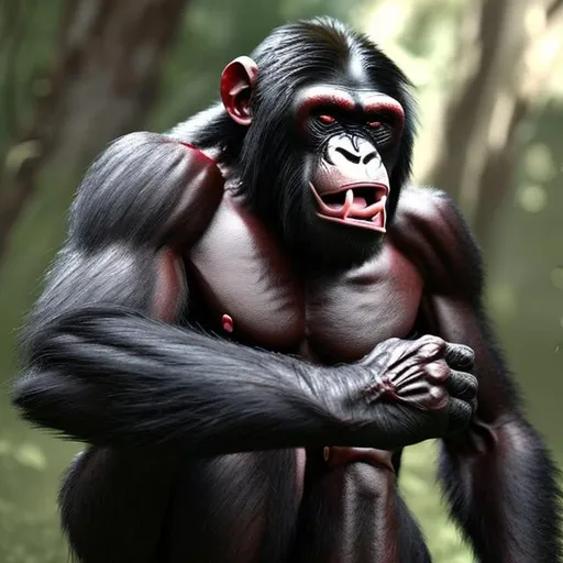Prompt: 
An hybrid ape, that is half chimp, half gorilla. 4k, realistic, with blood on its mouth. 