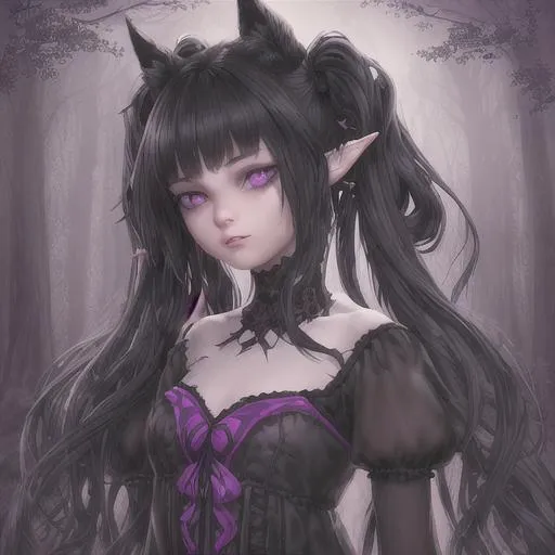 Prompt: {{{{highest quality stylized character masterpiece}}}} best award-winning digital oil painting with {{lifelike textures brush strokes}},
hyperrealistic intricate perfect 128k UHD HDR, girl with pointy ears, vampire, black hair, purple eyes, magical forest, night, black dress, white skin, pigtails, long hair, 