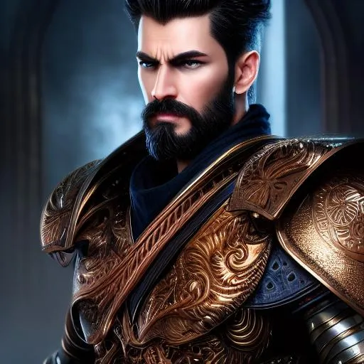 Prompt: Hyper realistic, Gorgeous hansome man, detail face, perfect eyes, fury expression, facial hair, intricate modern armor, symetrical, good build, UHD, 64K, Artstation, Deviantart, colorful light background, breathtaking, insanely, good art, professional artist