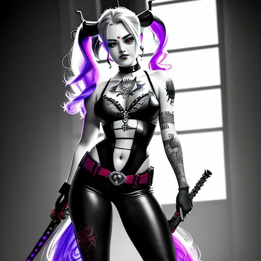 Prompt: ((full body)) ((best quality detailed face)) hyper quality, refined rendering, extremely detailed CG unity 8k wallpaper, highly detailed, (super fine illustration), highres, (ultra-detailed), detailed face, perfect face, DC COMIC HARLEY QUINN ((hyper detailed eyes) (anarchy tattoo) (((extremely delicate and beautiful))), stunning art, best aesthetic, twitter artist, amazing, high resolution, fine fabric emphasis, UHD, 