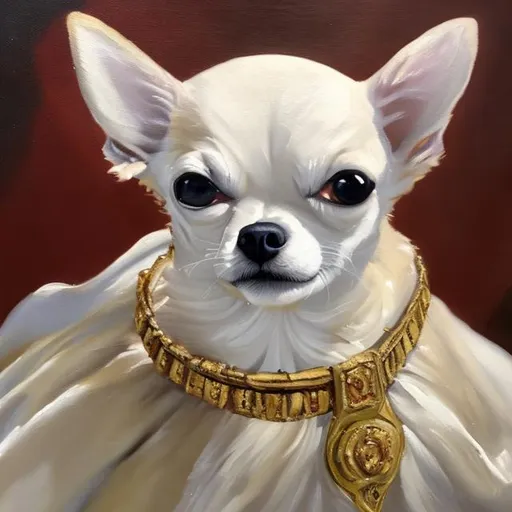 Prompt: An oil painting of a white chihuahua dressed as a king