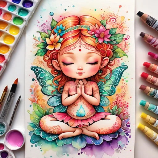 Prompt: Kawaii watercolor artistic patterns with Henna art inspired embellishments and Flourishes, bright vibrant colors, Highly detailed, popping vibrant colors, Gradient Colors, Intricate details, Highly textured, a serene with (((closed eyes))) meditating fairy (((age 5))) in the lower third of the foreground 