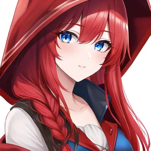 Prompt: Haley 1female (braided red hair pulled back, lively blue eyes), highly detailed face, 8K, UHD, wearing a red riding hood outfit