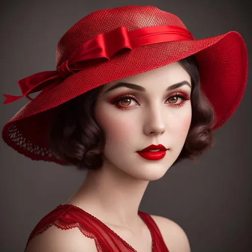 Prompt: a pretty girl  dressed in red,  flapper, wearing a  large red hat 1920's era, bob hair cut, 1920's era makeup, facial closeup