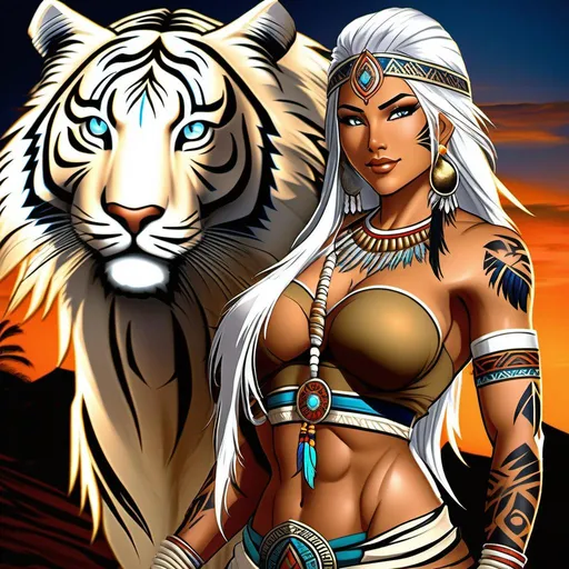 Prompt: young native america goddess, busty, long white hair, (scars), (tattoos). Full body zoom-out. Prefect face. Exotic beauty. muscles. Elvin features. Tigers. (visible toes),(petite), (short), anime. (Tribal Ceremonial Dance), Mayan, (Muscle mommy)