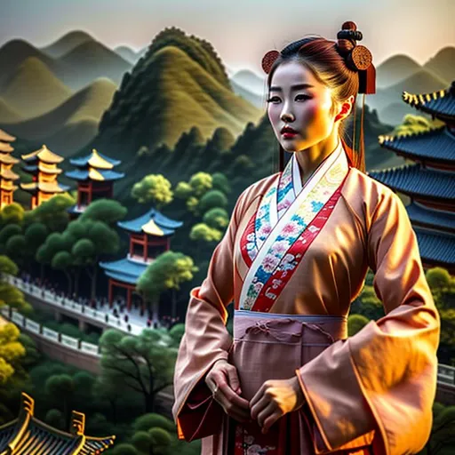 Prompt: A living woman donning an ascot and Hanfu looks like a terra cotta warrior. She looks like a terra cotta warrior in a business suit. She is surrounded by a scenic landscape.