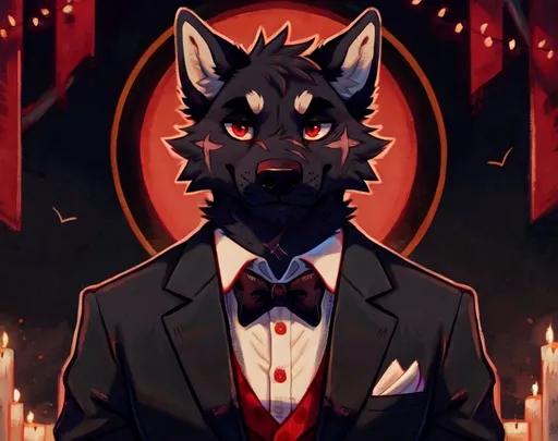 Prompt: solo, anthro, (by_moth_sprout), wolf, dark fur, red eyes, in a business suit, underworld location, blind left eye, scar on left eye