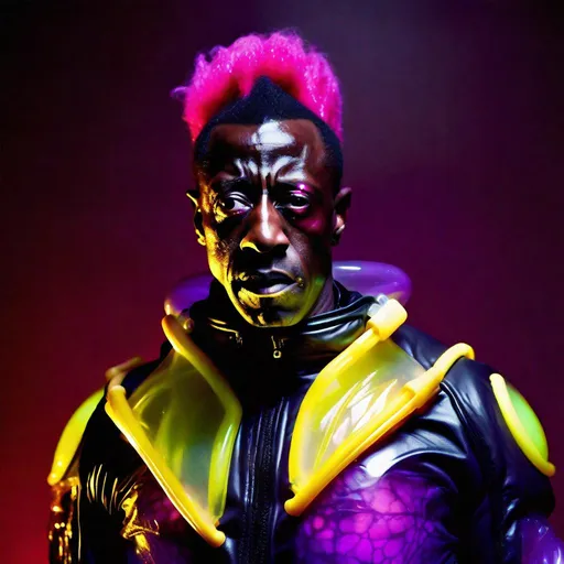 Prompt: Full view of Intimidating mohawked Wesley Snipes  with a mocking expression is wearing a pomegranate and yellow and purple translucent glowing bioluminescent lumpy jello protective suit and posing threateningly in a dark room