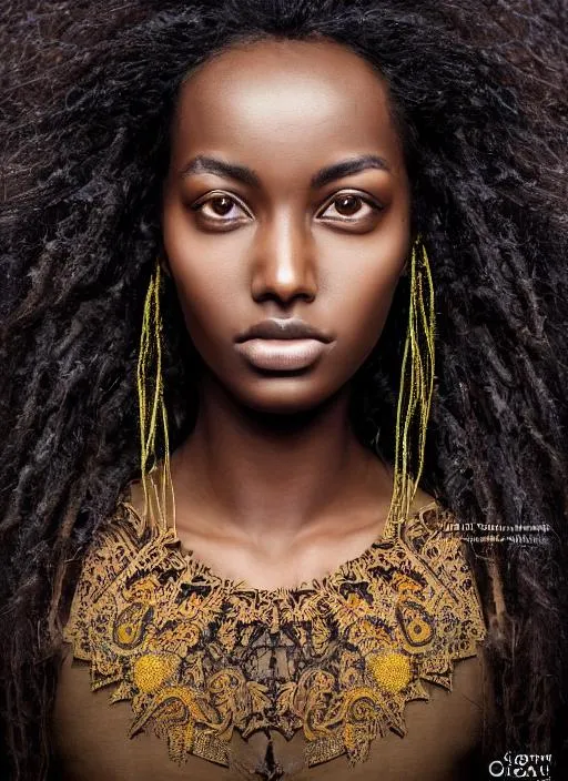 Portrait of {Nyakim Gatwech Sudanese model} with {lo... | OpenArt