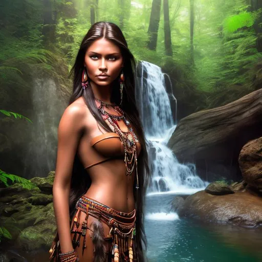 Prompt: professional modeling photo disney pocahontas as live action human woman hd hyper realistic beautiful native american woman black hair tan skin brown eyes beautiful face native american dress and jewelry enchanting
forest hd background with live action realistic river and waterfall