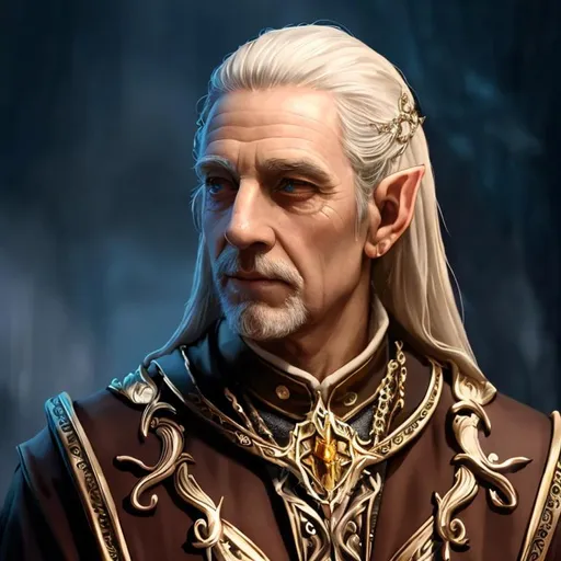 Prompt: UHD, 8k, high quality, ultra quality, cinematic lighting, special effects, hyper realism, hyper realistic, Very detailed, high detailed face, high detailed eyes, perfect hands, perfect fingers, medieval, fantasy, D&D, oil painting, portrait, elf, aged, aged elf, white hair, long hair, necromancer, robes