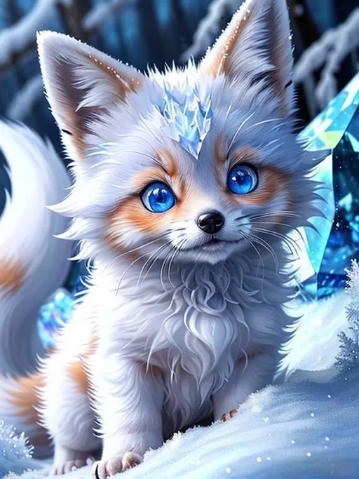 Prompt: (masterpiece, professional oil painting, epic digital art, best quality:1.5), insanely beautiful tiny ((fox kit)), (canine quadruped), ice elemental, silky silver-blue fur covered in frost, timid, ((insanely detailed alert crystal blue eyes, sharp focus eyes)), gorgeous 8k eyes, fluffy silver neck ruff covered in frost, two tails, (plump), fluffy chest, enchanted, magical, finely detailed fur, hyper detailed fur, (soft silky insanely detailed fur), presenting magical jewel, moonlight beaming through clouds, lying in frosted meadow, grassy field covered in frost, cool colors, professional, symmetric, golden ratio, unreal engine, depth, volumetric lighting, rich oil medium, (brilliant auroras), (ice storm), full body focus, beautifully detailed background, cinematic, 64K, UHD, intricate detail, high quality, high detail, masterpiece, intricate facial detail, high quality, detailed face, intricate quality, intricate eye detail, highly detailed, high resolution scan, intricate detailed, highly detailed face, very detailed, high resolution