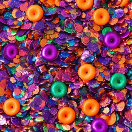 Prompt: Miniature Sequins and Halloween candy in the style of Lisa frank