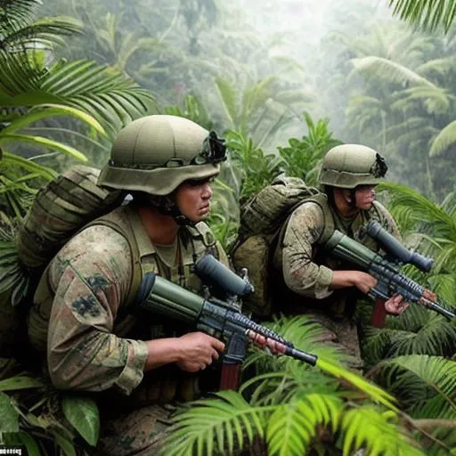Prompt: Hyper realistic United States Marines fighting in the dense jungles of vietnam