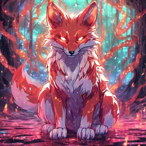 Prompt: A translucent kitsune that is glowing, in a den, glitter, high res, best quality, concept art, vibrant trippy background, zoomed out, aesthetic scars, bloody, hallucinations, power, high definition, professional brush strokes 