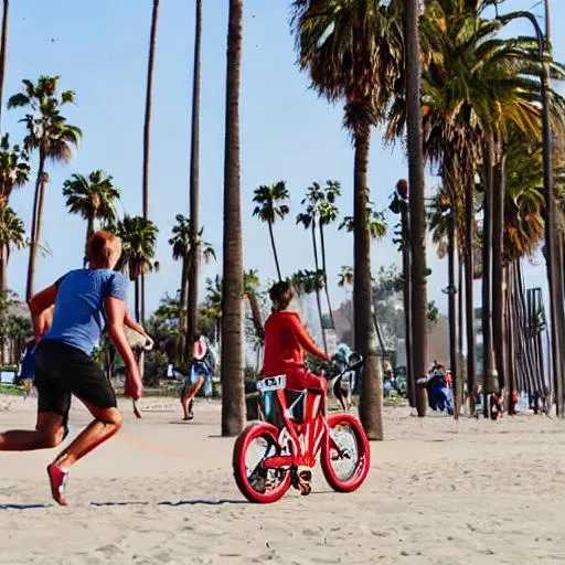 Prompt: los angeles beach with red bike and playing basketball and people going to the store and people running one mile
