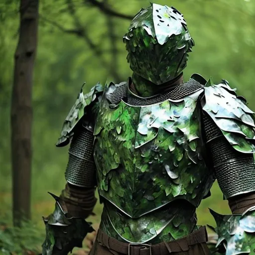 Prompt: Realistic green camouflage armor made of steel leaves Knight 