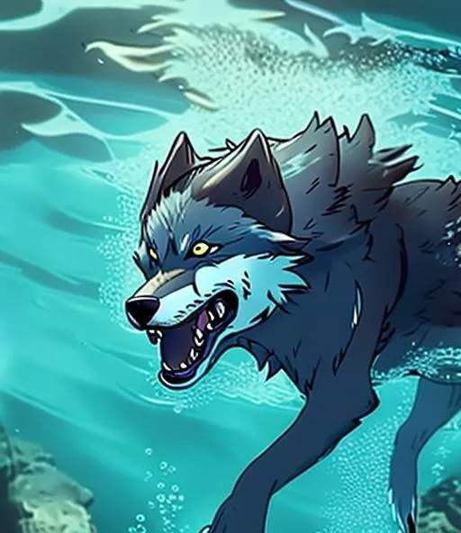Prompt: Furry fursona wolf swimming underwater