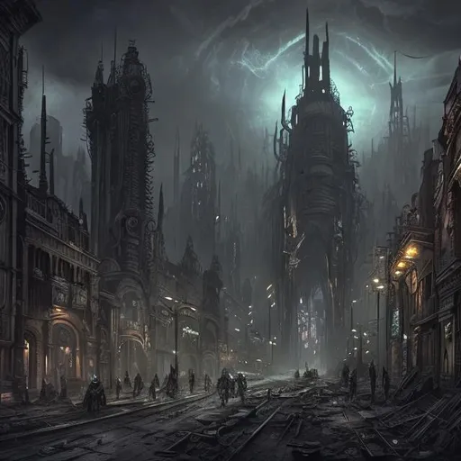 Prompt: extreme long shot concept art depicted old ruined subterrean drow city, dramatic mood, overcast mood, dark fantasy environment, arcane glow , dieselpunk, bodyhorror building, mutation flesh, corruption,  art inspired by warhammer and arcane, style art by HR giger, style art by Molly Brown
