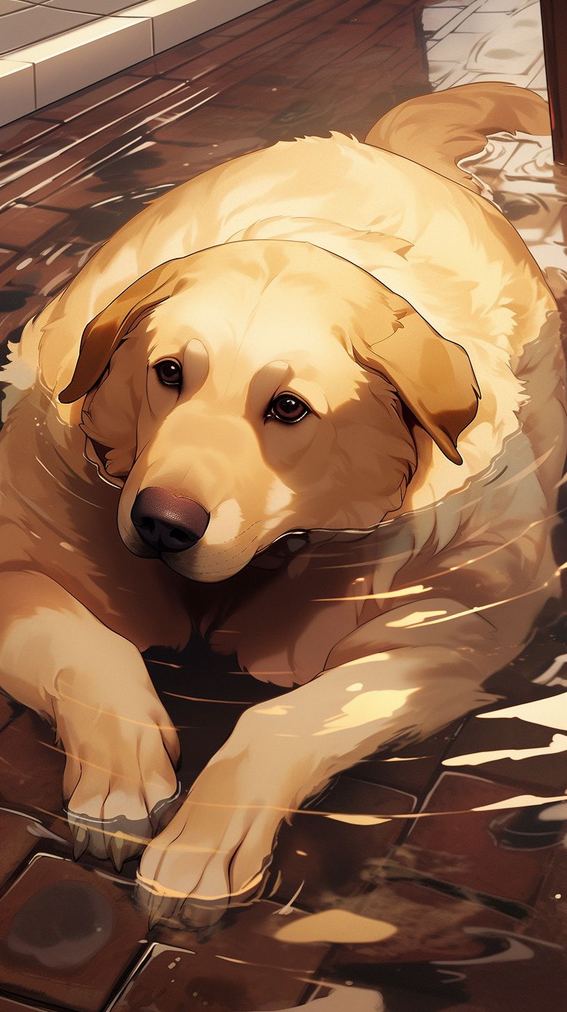 Prompt: a fat labrador morphing and melting into a giant puddle on the floor, realistic fur, high detailed fur, high textured fur and water, serious photography, a background that complements the subject --upbeta --niji 5 --ar 9:16
