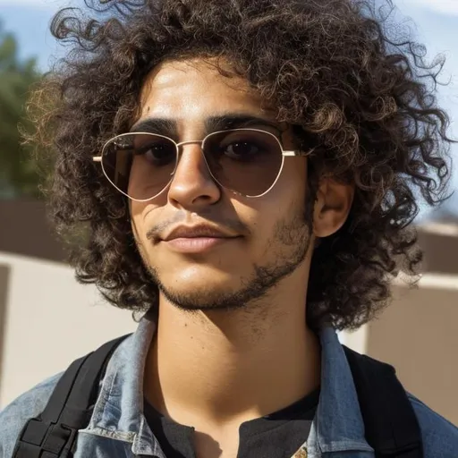 Prompt: Latinx biracial man with curly hair and trapezoid shades