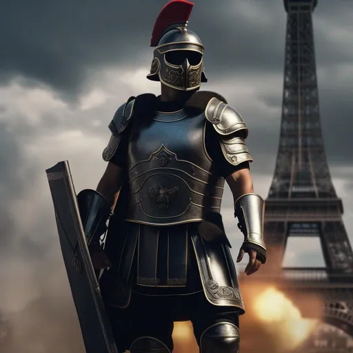 Prompt: A modern roman military male in black military armor galea helmet of roman armor, with a gunfire and gas mask, background Paris in war, Hyperrealistic, sharp focus, Professional, UHD, HDR, 8K, Render, electronic, dramatic, vivid, pressure, stress, nervous vibe, loud, tension, traumatic, dark, cataclysmic, violent, fighting, Epic