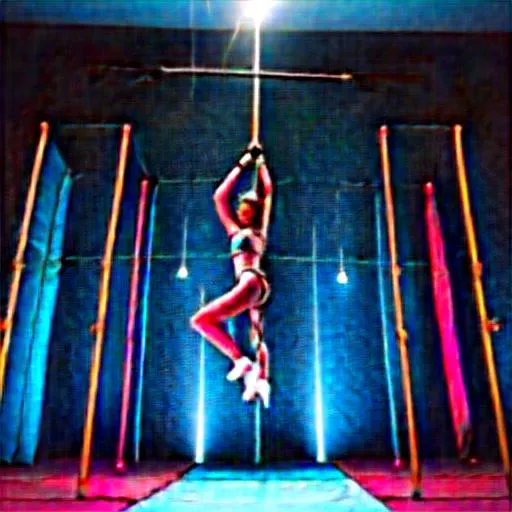 Prompt: A female tight rope walker balancing on a rope 100 feet above the ground, holding a long pole in her hands, sequin clothes, spotlights, Photorealistic, dramatic 