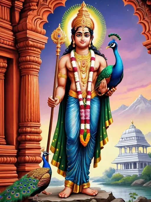 Prompt: A beautifully detailed illustration of Lord Murugan standing with his peacock, holding the Vel, with traditional South Indian temple background, vibrant colors, and divine light.
