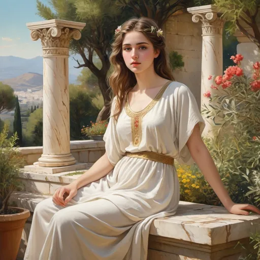 Prompt: (a young woman, 20 years old, white tunic, seated in an ancient Greek garden), serene atmosphere, overgrown with vibrant flowers and lush greenery, sun-drenched paths, classical marble sculptures, reminiscent of antiquity, picturesque olive trees, sweeping views of distant hills, oil painting style, intricate details, warm golden tones blending softly, evoking a sense of peace and nostalgia, masterpiece quality, ultra-detailed.