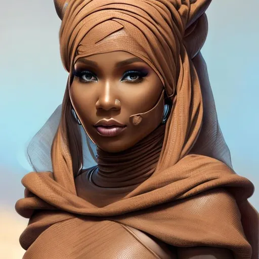 Prompt:  nicki minaj, detailed face, beautiful face, hijab, dune 2021, tusken raider, tan cape, tan poncho, head wrap gauze white