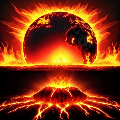 Prompt: the earth on fire from a massive explosion from a demon rising from hell