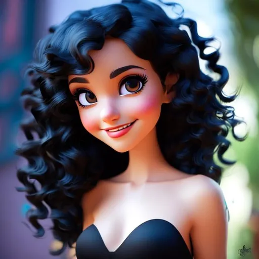 Prompt: Disney, Pixar art style, CGI, She has  fox like black eyes, her hair is black and curly, her hair is down past her shoulders, she is thin and wearing black