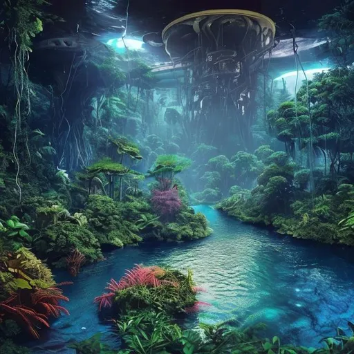 Prompt: jungle, deep rivers, mariana trench, alien planet