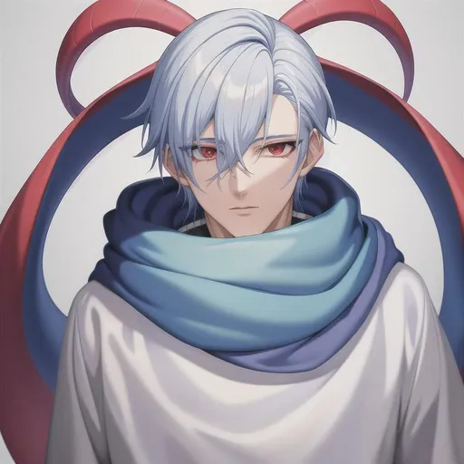 Prompt: (best quality, masterpiece), young pale man, (male), wearing a cool scarf, pastel blue and white hair, intense red eyes, High details face, High quality details face, High quality eyes,  square background, streetwear, aesthetic wear, half body,