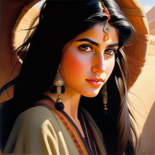 Prompt: Pashtun girl, pale olive skin, black hair, dark brown eyes, in Northern Pakistan, cartoony, sunny atmosphere, extremely detailed painting by Greg Rutkowski and by Henry Justice Ford and by Steve Henderson