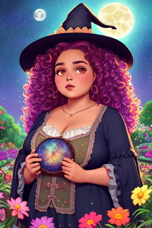 Prompt: mexican plus size witch with curly hair, large chest, cute, flowers, aesthetic, colorful, fairycore, disney, pixar, moon, stars, witchcraft, in a starry galaxy sky, hispanic, garden, sweet, dreamy, award winning illustration, artstation, highres, hyperrealistic, large eyes, celestial, cottagecore