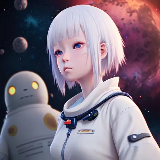 Prompt: anime girl, space, albino, 4k, unreal engine, ghibli